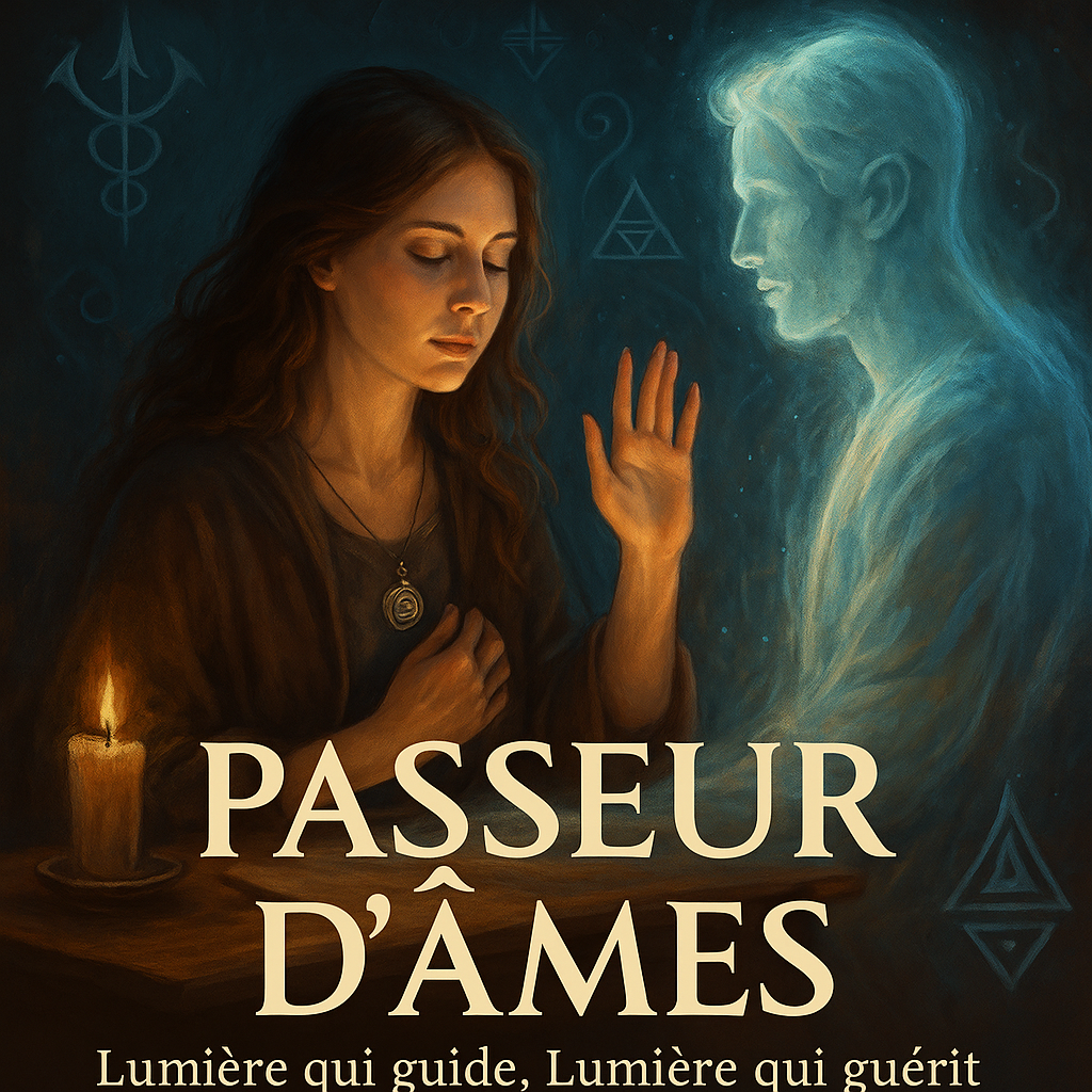 Passeur d’âmes en connexion avec une présence spirituelle dans un espace lumineux, entouré de symboles chamaniques Atlantes et d’énergies de guérison.