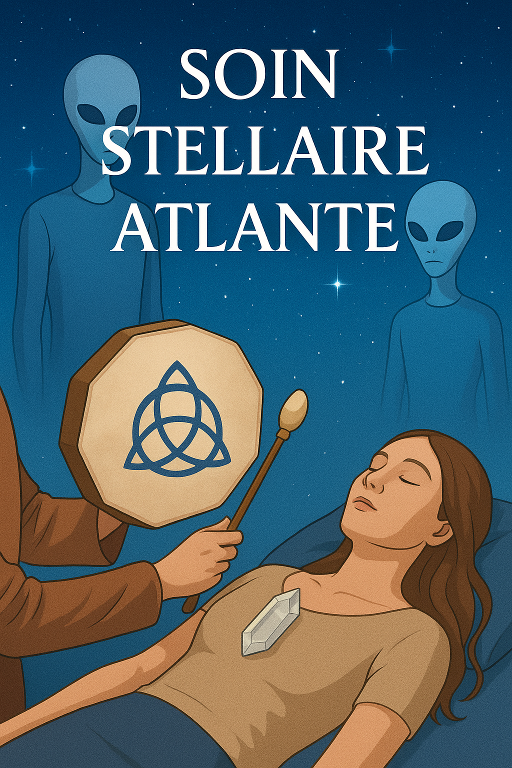 Soin Stellaire Atlante – activation des lignées galactiques avec cristal, êtres stellaires et symbole Atlante dans un protocole énergétique sacré