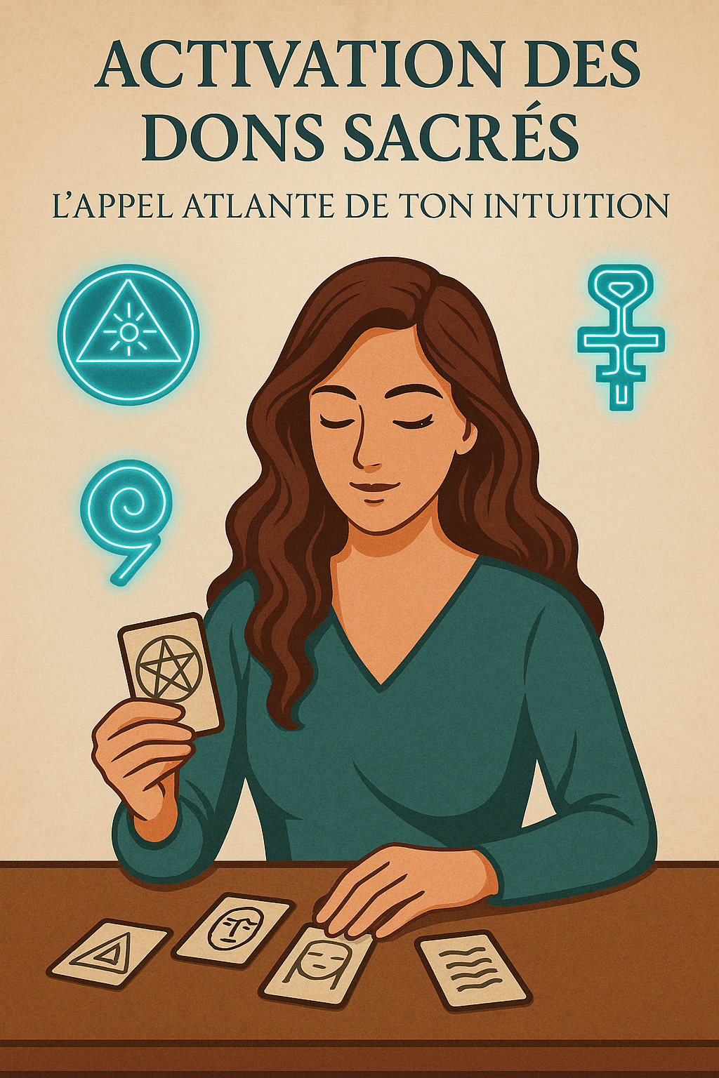 Femme en pleine formation intuitive utilisant un oracle, entourée de symboles atlantes lumineux – Activation des dons sacrés