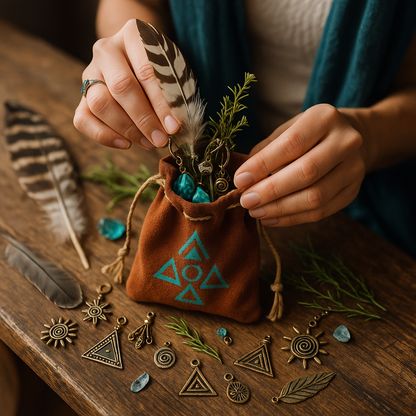 Création d’un sac médecine avec des mains féminines plaçant plumes, herbes et talismans dans un tissu sacré, sur fond de symboles Atlantes.