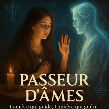 Passeur d’âmes en connexion avec une présence spirituelle dans un espace lumineux, entouré de symboles chamaniques Atlantes et d’énergies de guérison.