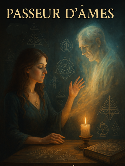 Femme en posture sacrée guidant une âme vers la lumière dans un rituel Atlante, avec symboles de protection et canal de passage vibratoire.