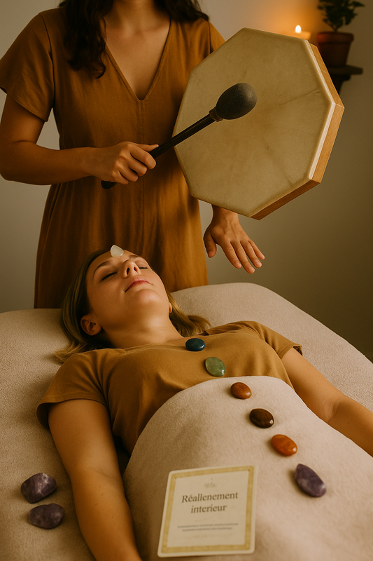 Rituel de guérison Atlante – soin au tambour octogonal et alignement des chakras par les pierres, dans la lumière douce d’un espace sacré