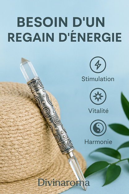 Visuel du soin Baguette Atlante proposé par Divinaroma – baguette énergétique avec cristal de roche, bienfaits sur la vitalité, l’harmonie et la stimulation intérieure.