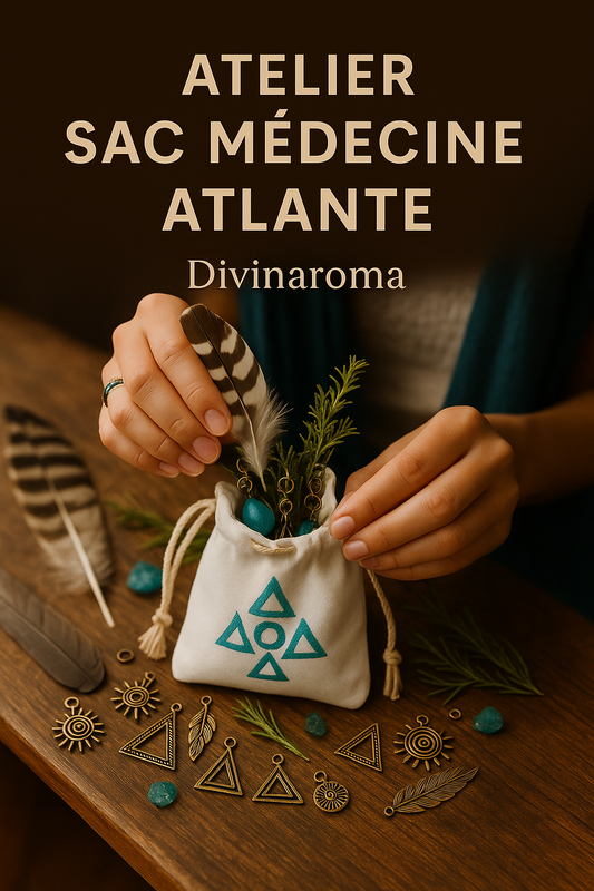 Atelier sacré de création de sac médecine, avec objets vibratoires, éléments naturels et ambiance chamanique Atlante.