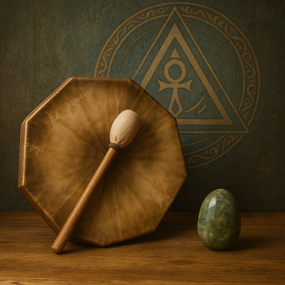 Autel Atlante – tambour sacré, pierre d’ancrage et glyphe de réactivation des mémoires, posé dans un espace de soin multidimensionnel