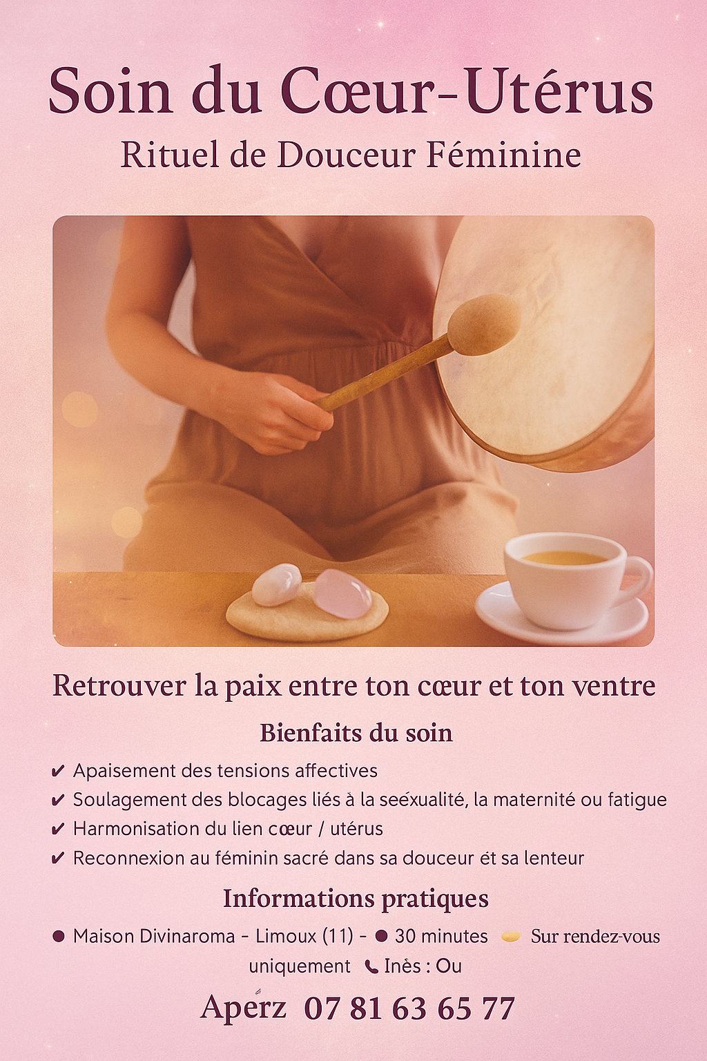 Visuel du soin Cœur-Utérus – transmission féminine sacrée, apaisement des mémoires, tambour intuitif et espace de guérison douce